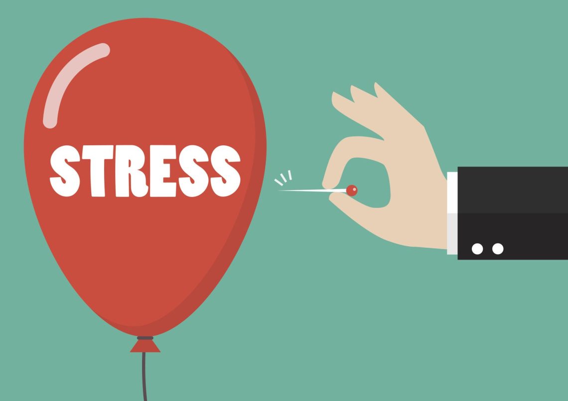 an illustration of a hand popping a red balloon labeled "stress"